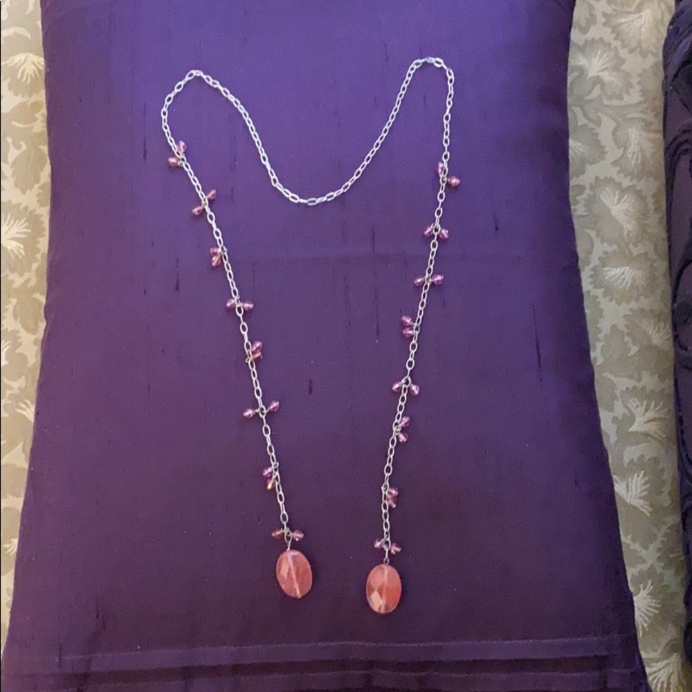 25” lariat with pink stones. Sterling silver